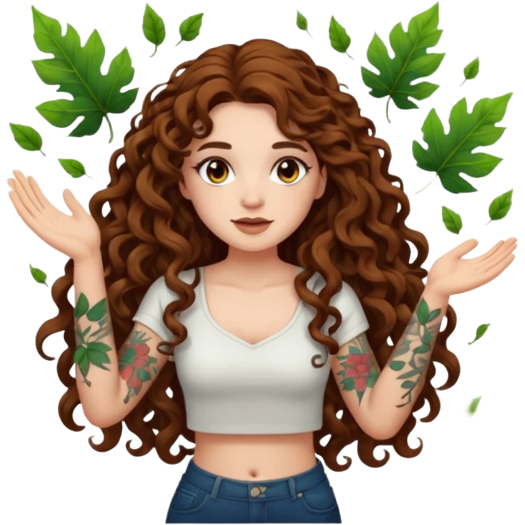 full body view of a woman with long curly brown hair, brown eyes, white skin, tattoos, slow sarcastic clap, glowing leaves falling emoji