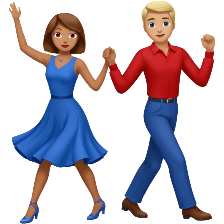 Two people. Man  wearing all red  with brown hair. Women iall blue with blond hair. Swing Dancing.  emoji