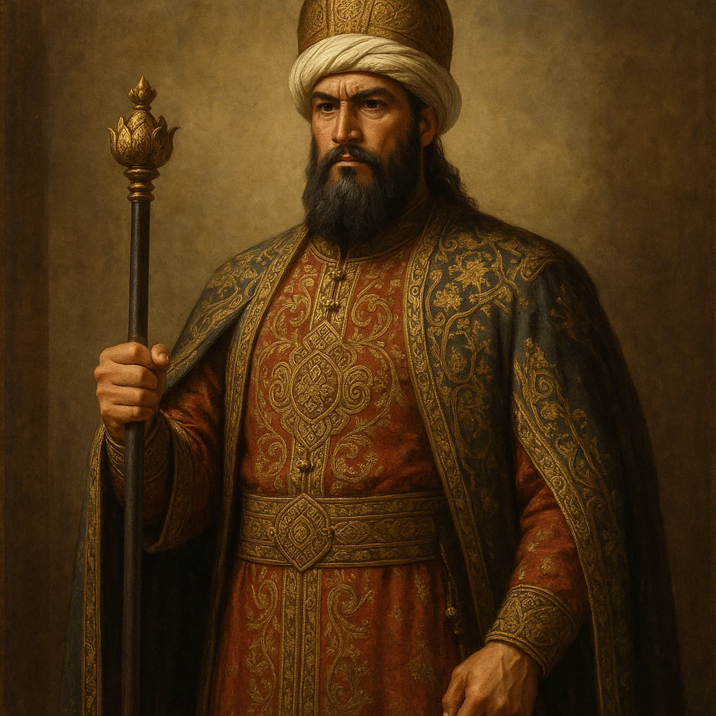 ancient Seljuk sultan, Turkish empire, ceremonial dress, detailed embroidery, holding a scepter, powerful stance emoji