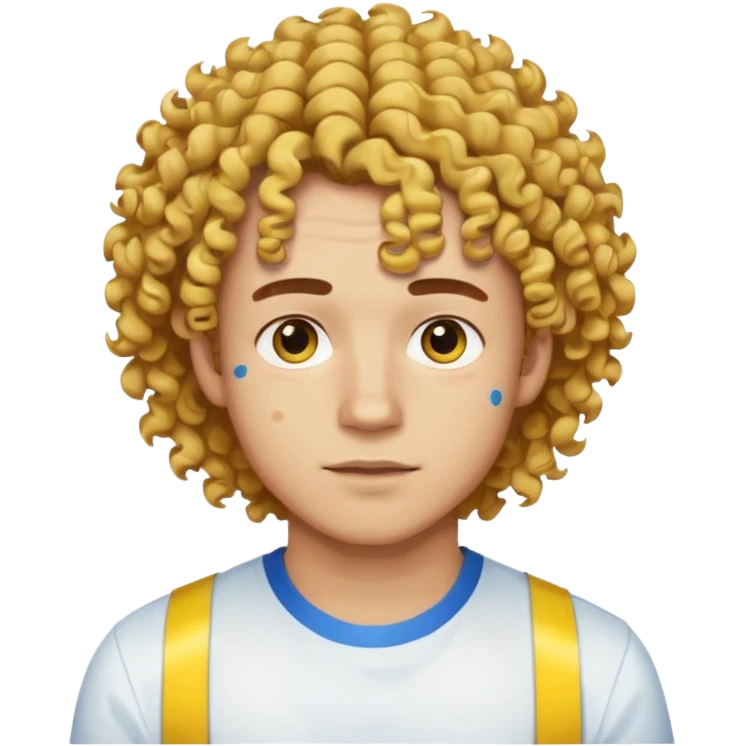 Make me an emoji that has a guy with a white shirt and yellow tape around the shirt with brown and blue spots hair make the hair curly make the yellow tape go around it emoji