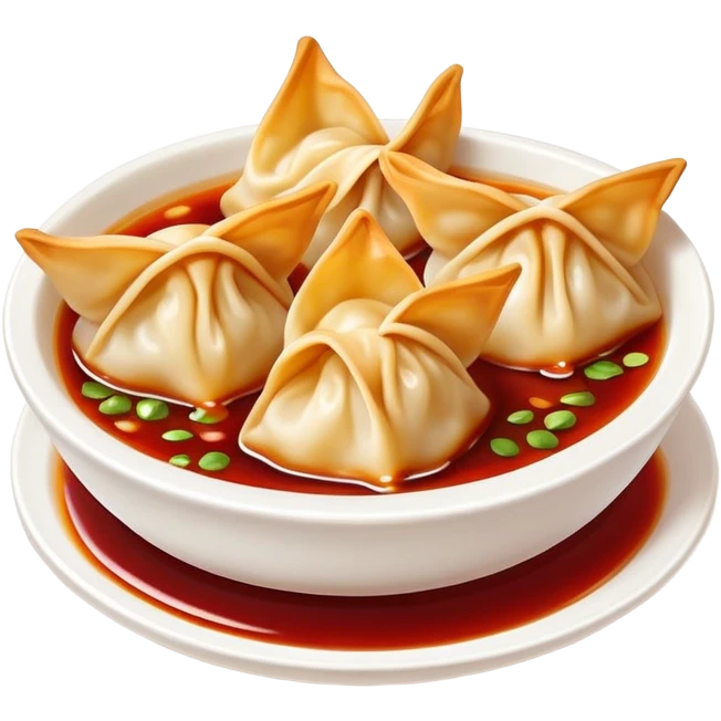 Chengdu Long Chaoshou wonton with red oil sauce on top, simplified emoji style with bold outlines and bright colors, cartoon style Sichuan style wontons emoji