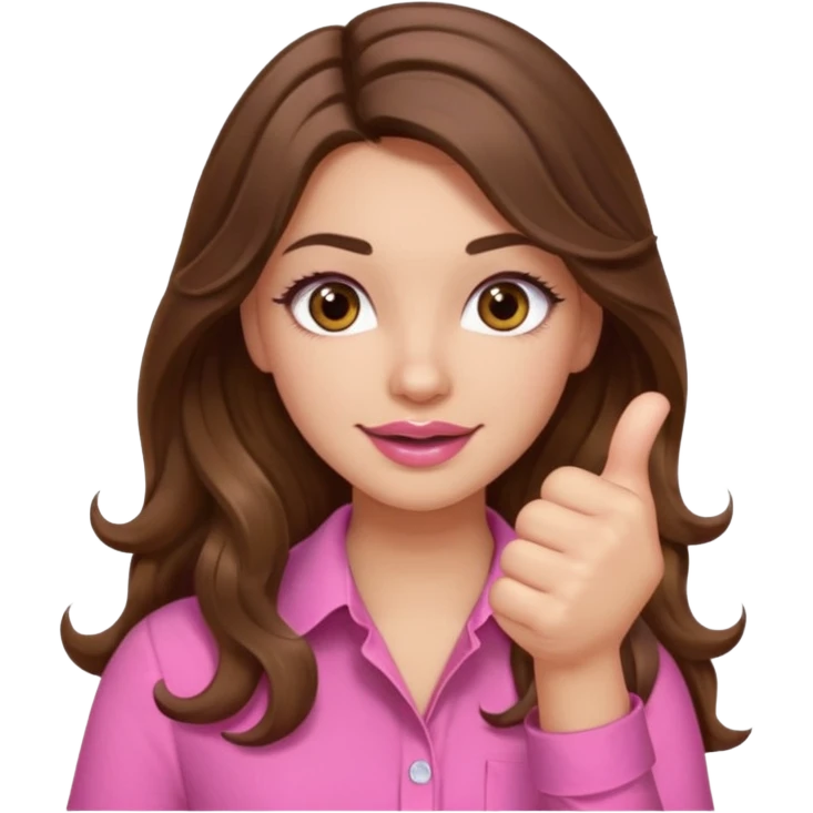 girl with long wavy brown hair, brown eyes, light to medium complexion, in a pink shirt, pink lips, long lashes, thumbs up emoji