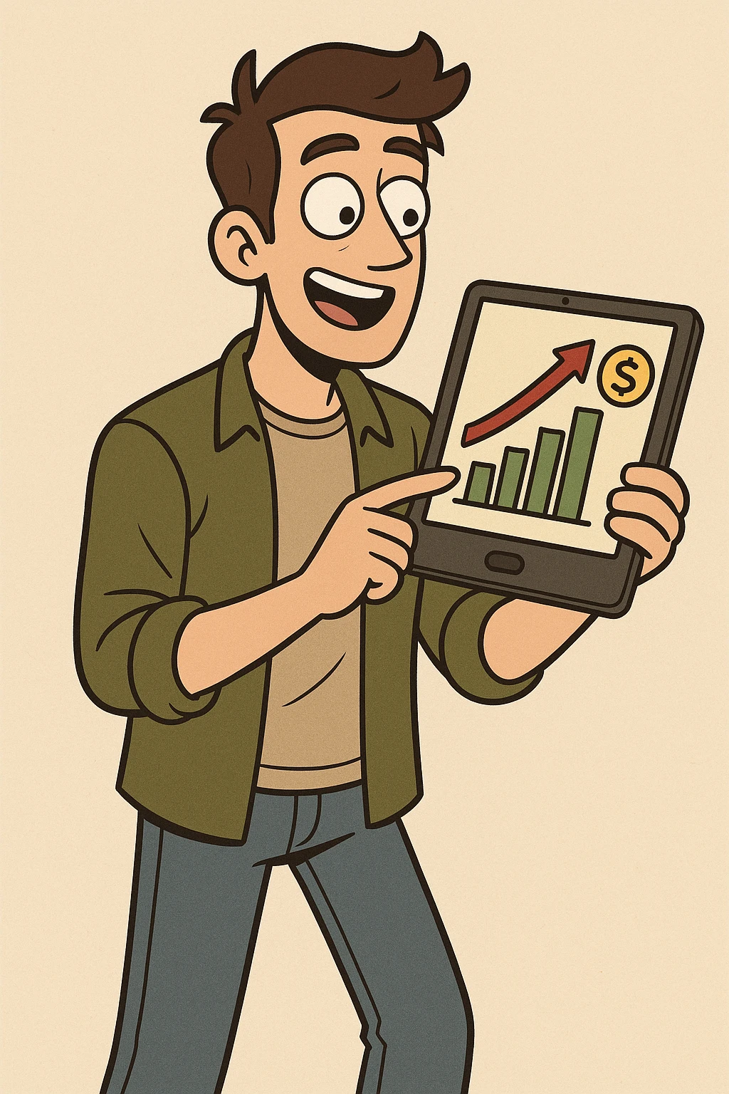 cartoon style young dynamic male financial expert, with tablet, casual outfit emoji