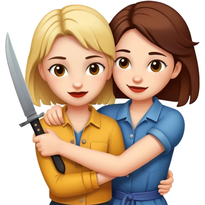 Two girls hugging and one with a knife and smirking  emoji