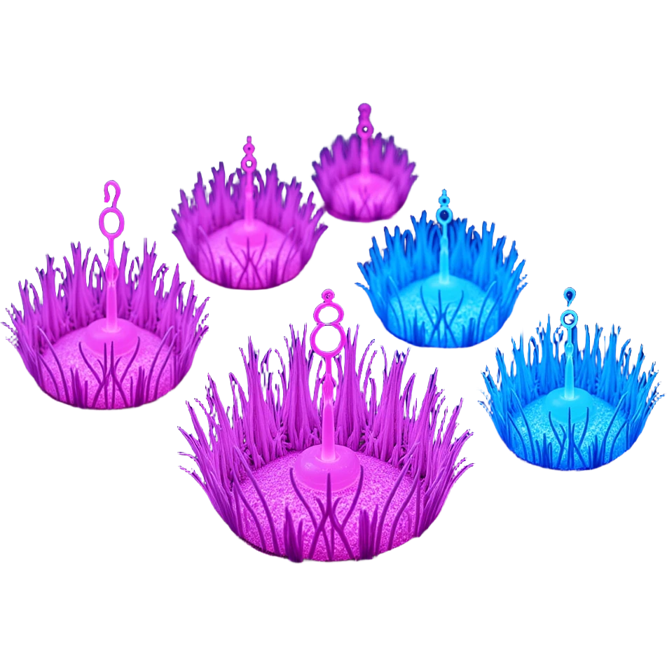 Cyberpunk farm glowing in purple and blue neon lights, wheat fields and vegetables growing from illuminated soil, surreal skeuomorphism style, no robots, atmospheric lighting, night setting emoji