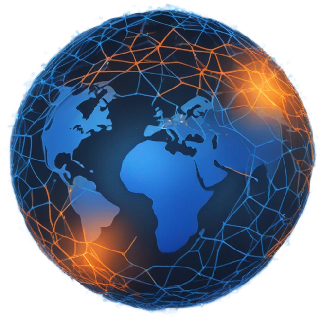 "Futuristic glowing Earth surrounded by digital blue and orange networks, representing advanced technology and a connected world." emoji
