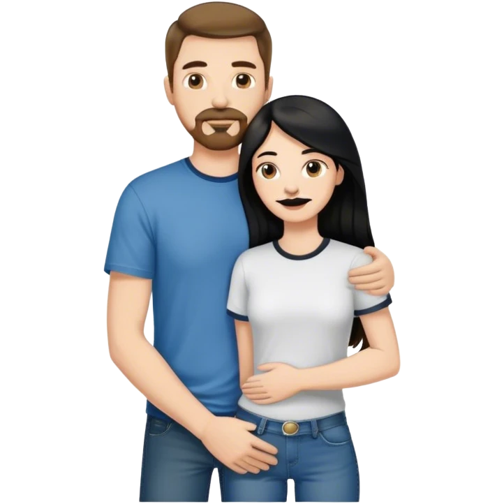 tall white man with brown hair goatee mustache wearing t-shirt and jeans hugging a shorter white woman with long black hair emoji