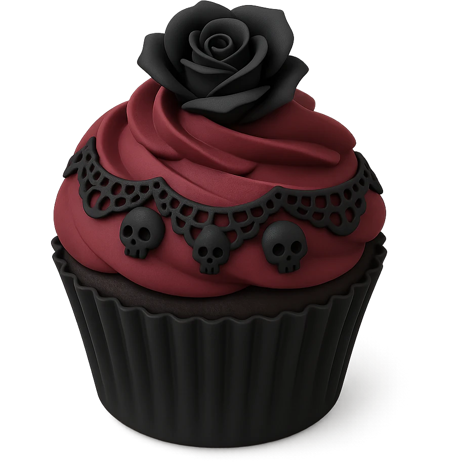 Gothic cupcake in 3D black style, burgundy color, with gothic decorations such as black lace, tiny skulls, and dark roses, no background emoji