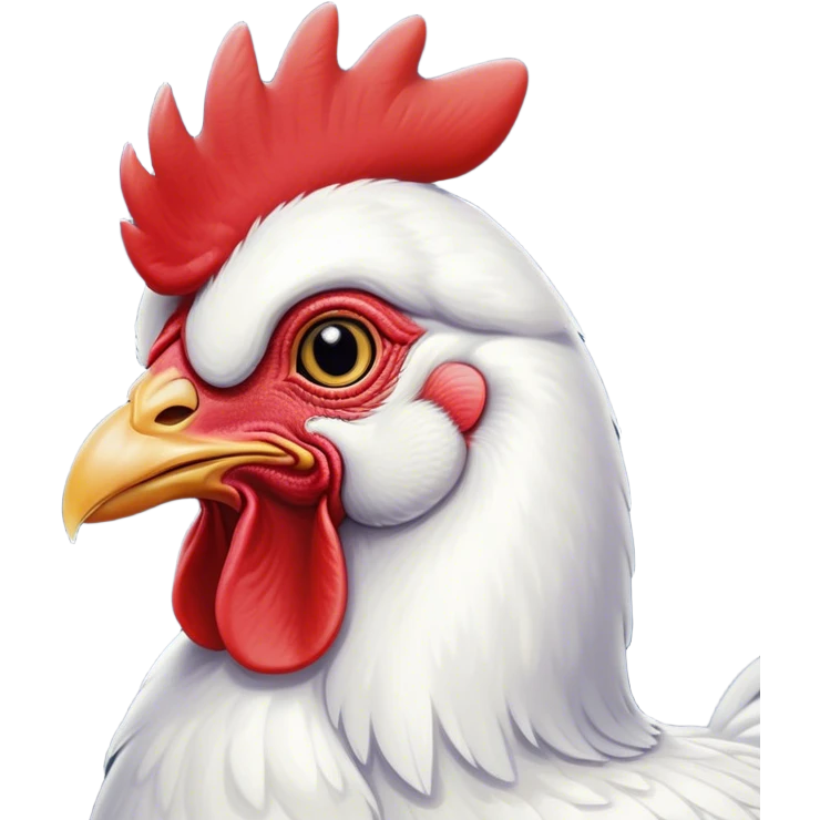 Cinematic Noble White Chicken Portrait Emoji, Poised and regal, with a compact, sturdy build and a pristine, well-groomed pure white plumage, deep-set soulful beady eyes, Simplified yet sharp and sophisticated features, highly detailed, glowing with a soft, dignified glow, high shine, intelligent and alert, stylized with an air of barnyard elegance, focused and attentive, soft glowing outline, capturing the essence of a watchful and confident fowl, so majestic it feels as though it could strut out of the screen with effortless authority! emoji