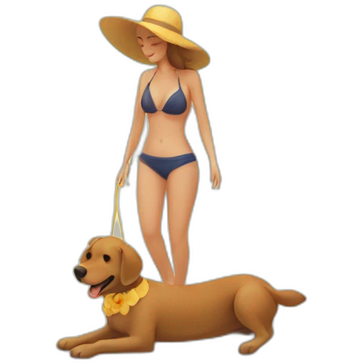 Crear un perro en la playa tomando sol y acompañado de una mujer sexi emoji