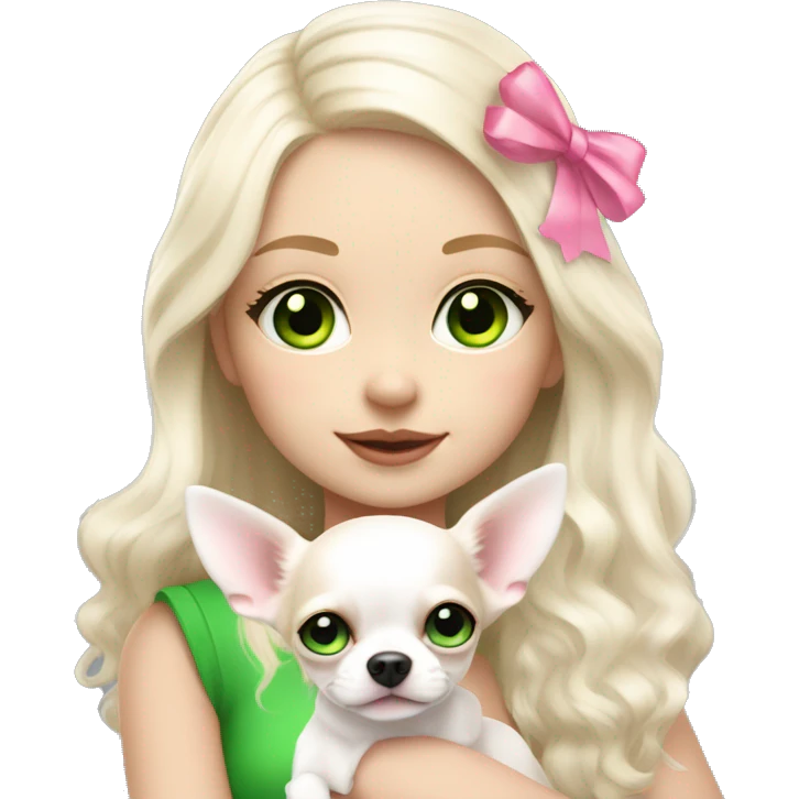 pale blond yt girl with wavy long platinum white hair with bright green eyes holding a white chihuahua puppy that wearing a pink bow emoji
