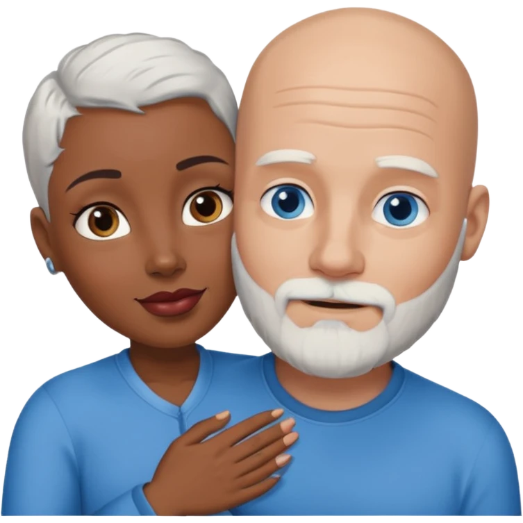 Talk bald white man with a white beard and blue eyes lovingly holding a black woman with brown eyes and grey hair emoji
