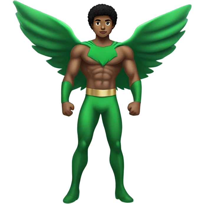 shirtless Muscular Afro teenage boy standing in a green superhero landing costume as the Sub Mariner or Prince Namor with “wings on each ankle. emoji