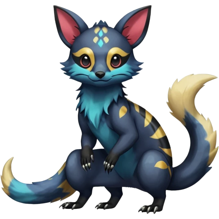 Rare exotic cute epic aesthetic colorful Salandit-Eevee-Civet-species-Fakemon-hybrid-creature, with markings, full body emoji