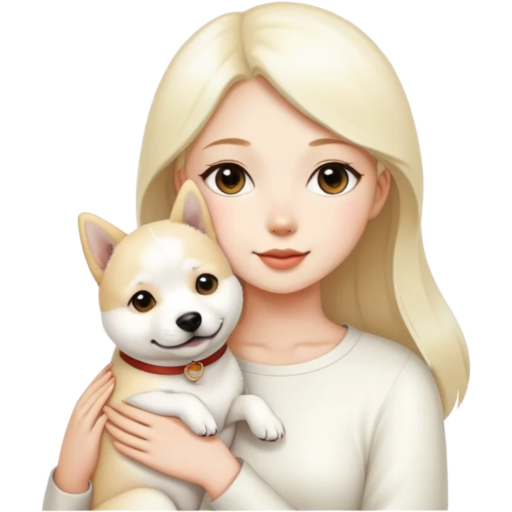 A beautiful girl holding a white Labrador and a white Shiba Inu emoji
