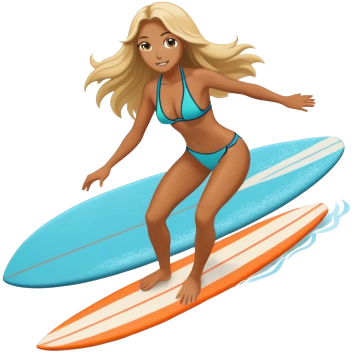 A professional surfer is not White skin and she is surfing on her surfboard with bikini and very long hair emoji