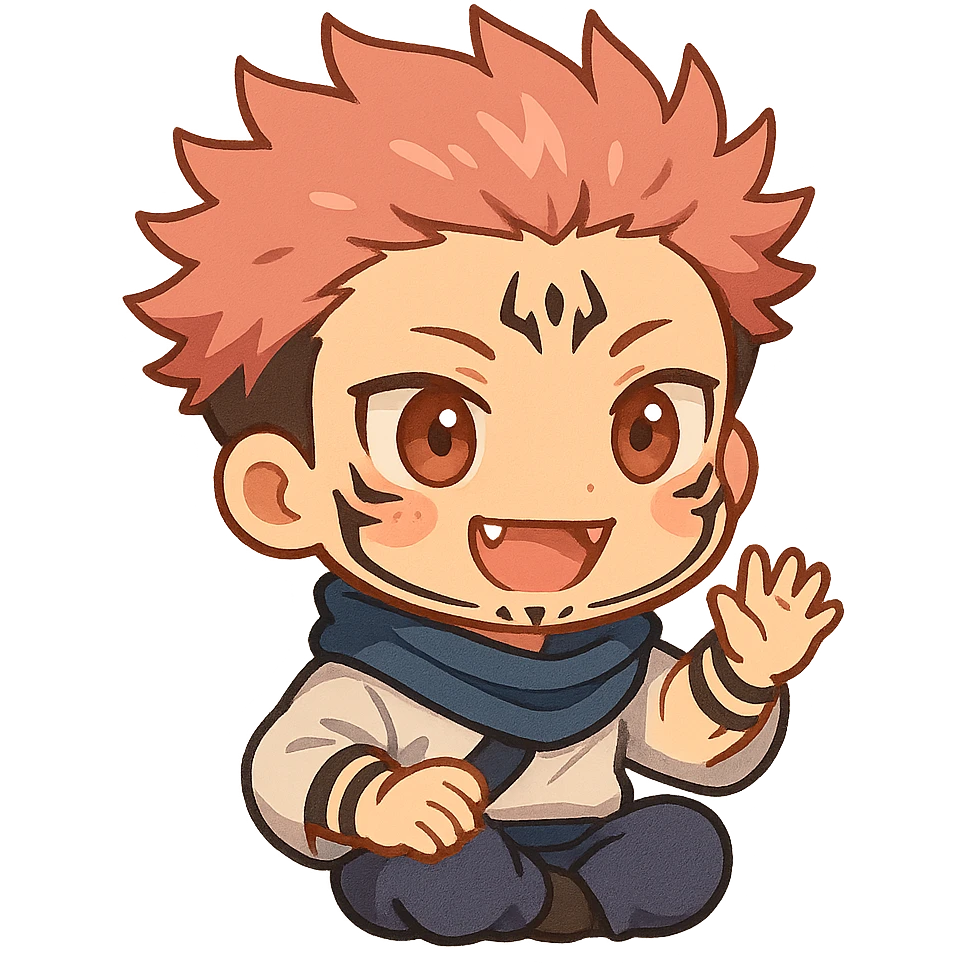 Sukuna in chibi style, with tiny fangs and markings, anime-inspired, vibrant colors emoji