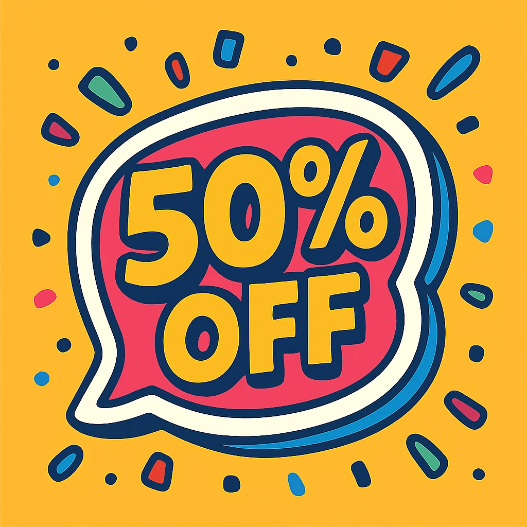 playful '50% OFF' sticker with confetti and bright colors, fun and energetic look emoji