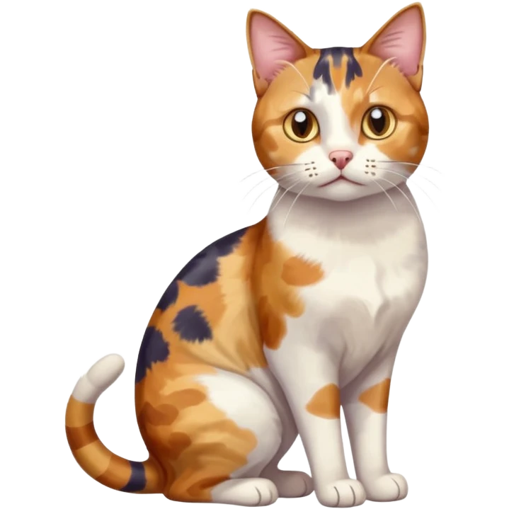 full body anxious looking colourful patchy calico tabby cat with tiny head to large body with fully white front legs emoji