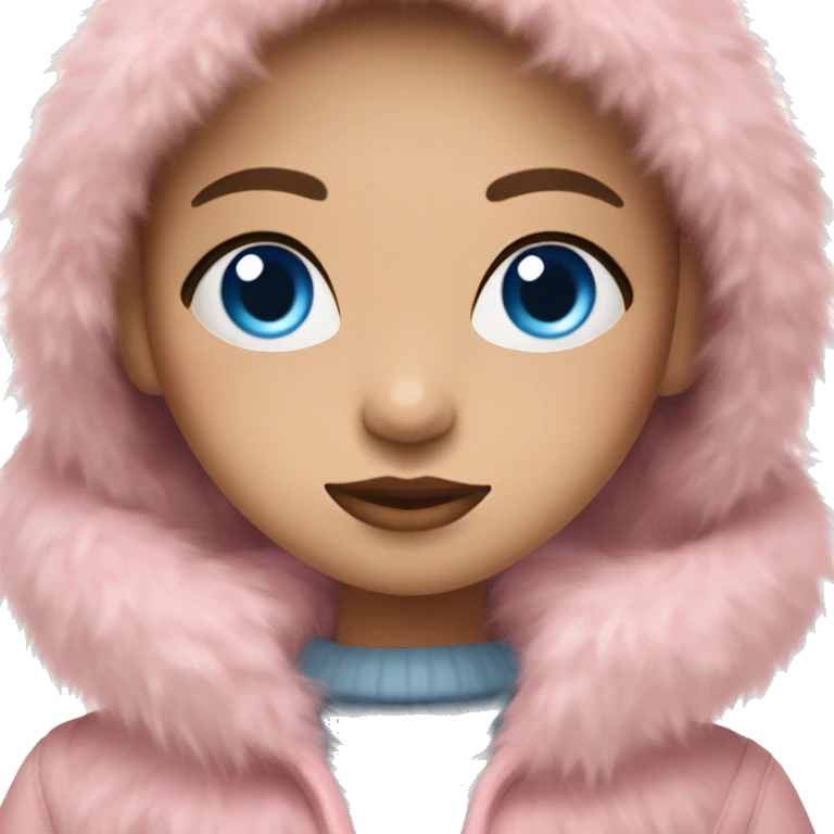 a brunette wavy hair girl with blue eyes in a pink fringe fur coat emoji