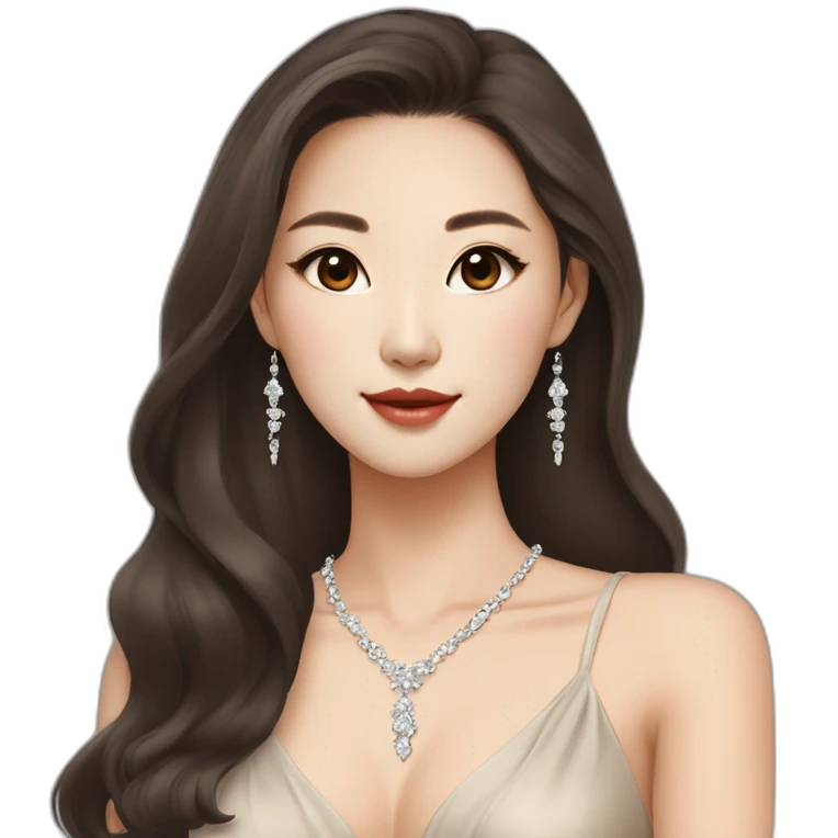 beautiful brunette Korean girl with smooth skin long hair beige lipstick wearing low neck dress with a diamond necklace emoji