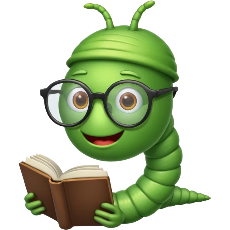 green Worm with glasses reading book emoji