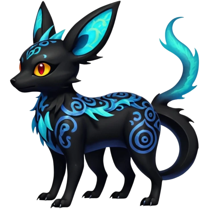 Shiny Fiery Dark Ugly Evil Realisitc Glowing Eldritch Horror Cool Edgy Badass Emo Glorious Demonic Batty Punky Aural Iridescent Fluorescent Bioluminescent Umbreon-Amaura-Salandit-Litten-Flareon-Fakémon-fusion (full body) with intricate pattern markings emoji