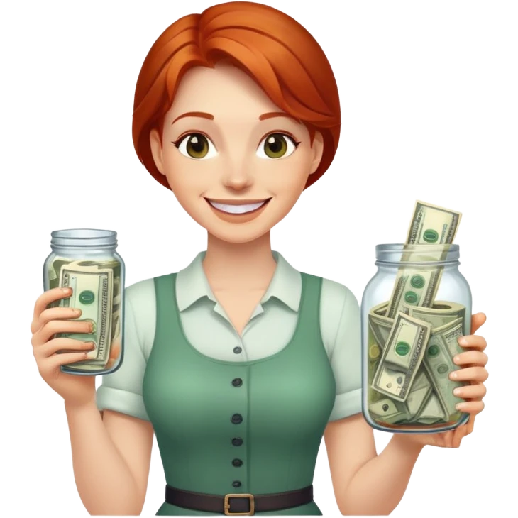 redhead woman with big smile holding glass jar with money bills inside emoji