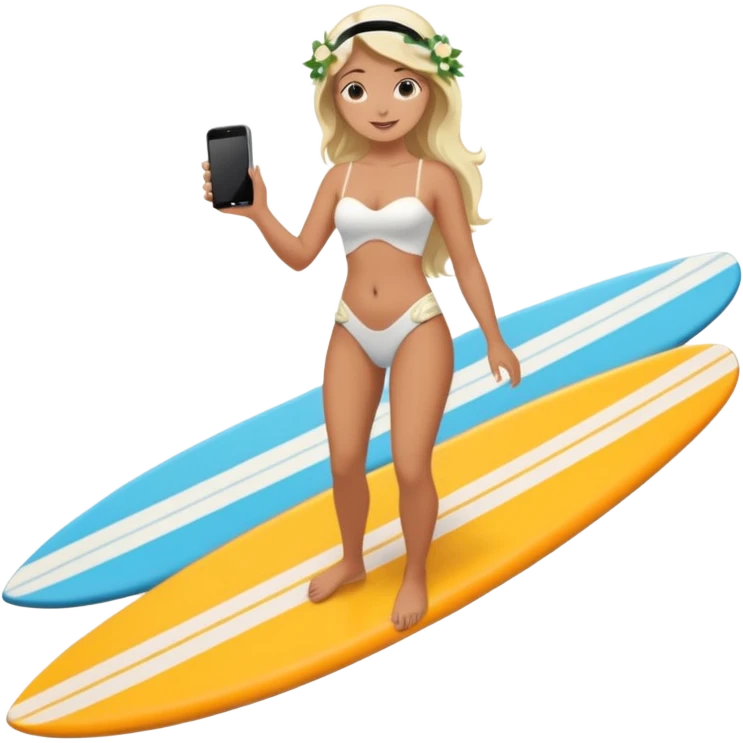 Bride holding her phone and long sholve. Under her feet, there is a surfing board. emoji