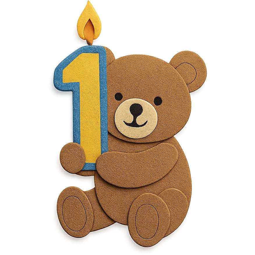 brown teddy holding sparkly number "1" candle, paper-craft style, transparent background emoji