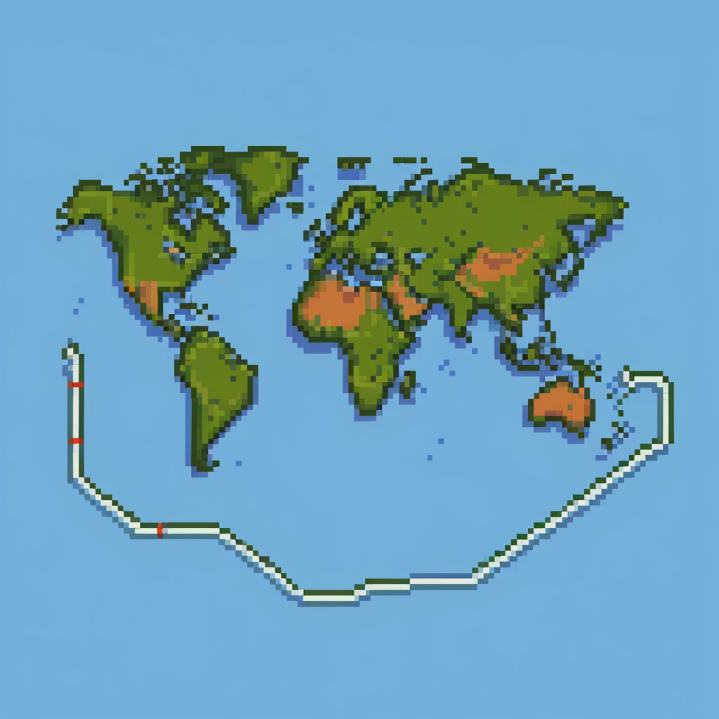 pixel art world map with a dotted route line showing travel path emoji