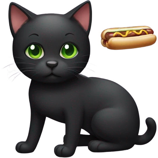 Black cat with green eyes and short hair eating a hotdog emoji