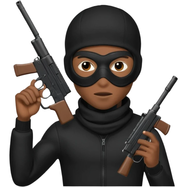 A young African male wearing a ski mask in full black clothing, holding a micro Draco gun in the air carelessly emoji