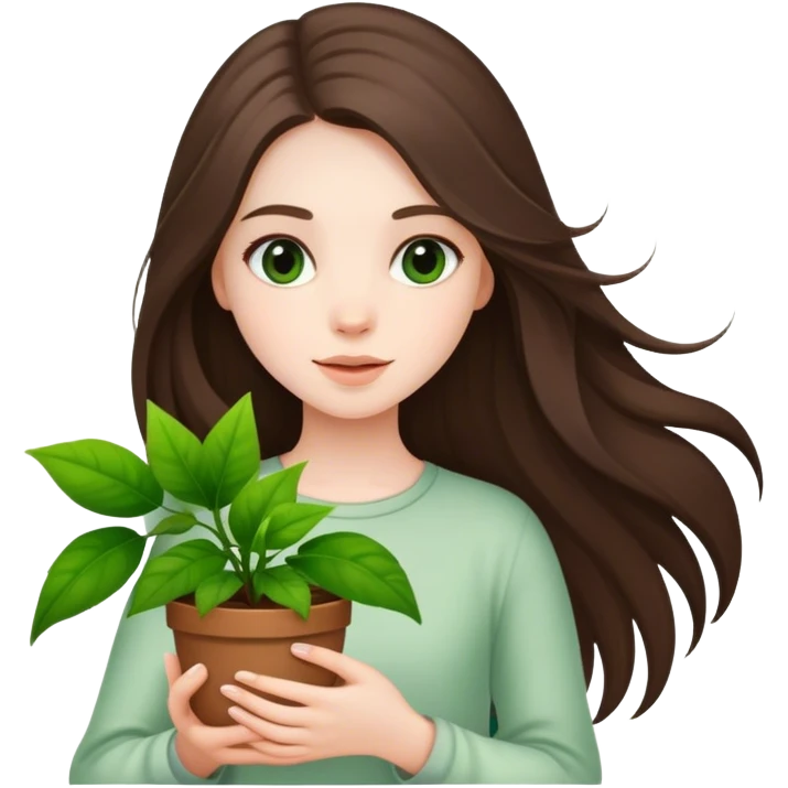 beautiful pale brunette girl with long hair holding plants  emoji