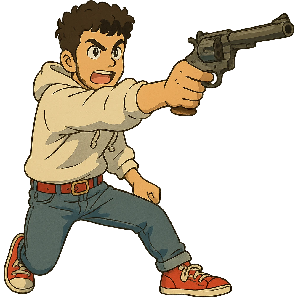 1 male, mid fade haircut dark chestnut brown curly hair, toasted lightskin, white hoodie sleeves up, fashion jeans, red fashion-sneakers shoes, red belt, short trimmed beard and goatee,  style of deku from "my hero academia", drawing a magnum revolver like dirty harry, twtich emote emoji