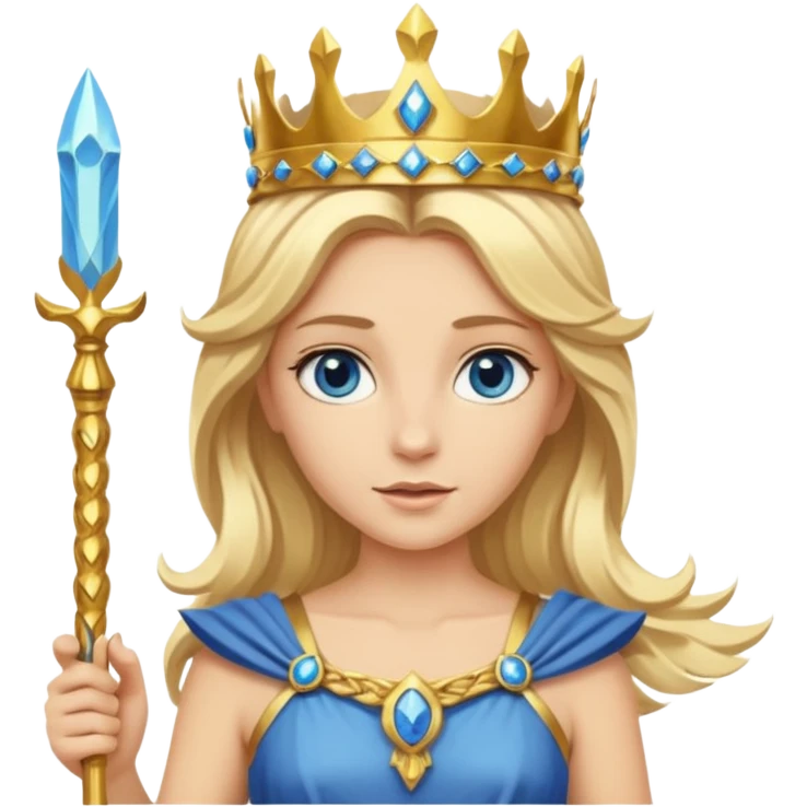 Deesse grecque blonde cheveux mi longs. Yeux bleus. Une couronne de laurier d'or dans les cheveux et septre emoji