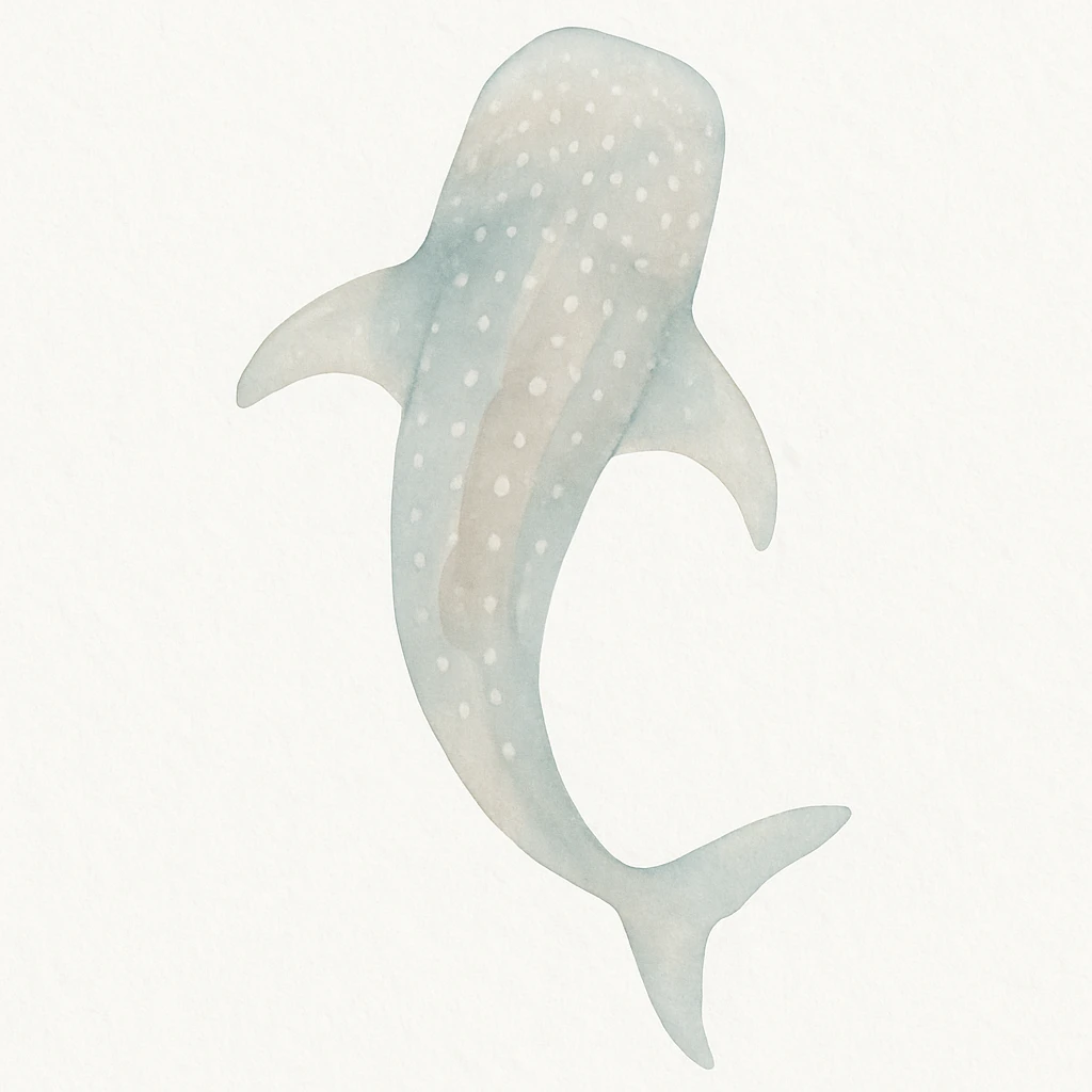 watercolor painting of a whale shark seen from above, swimming gracefully, light blue and teal hues, subtle splashes, dreamy aquatic feel emoji
