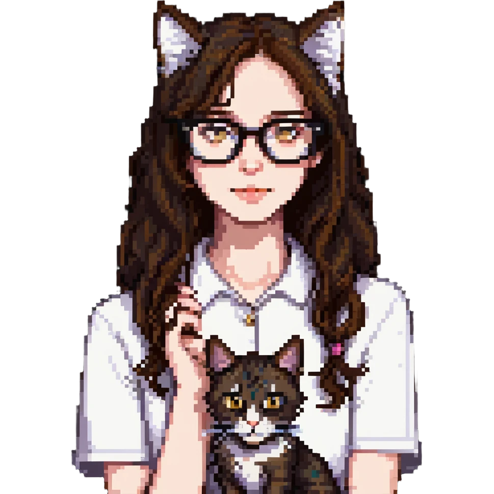 Cat-lady with dark brown hair, square glasses, hazel eyes, and pale skin emoji