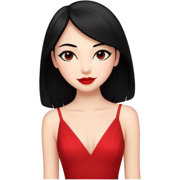 Chica súper joven y delgada con delineado con vestido rojo escotado en la espalda y pelo semi largo negro, con sonrisa coqueta emoji