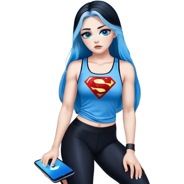 Shameful disappointed crying-very very very very big chest-texting on a samsung cell phone-very long straight flowing black to sky blue hair ombre-blue eyes-black eyeliner-long eyelashes-plastic sparkling sky blue very low cut tank top with sparkling superman logo-black leggings-nike sneakers emoji
