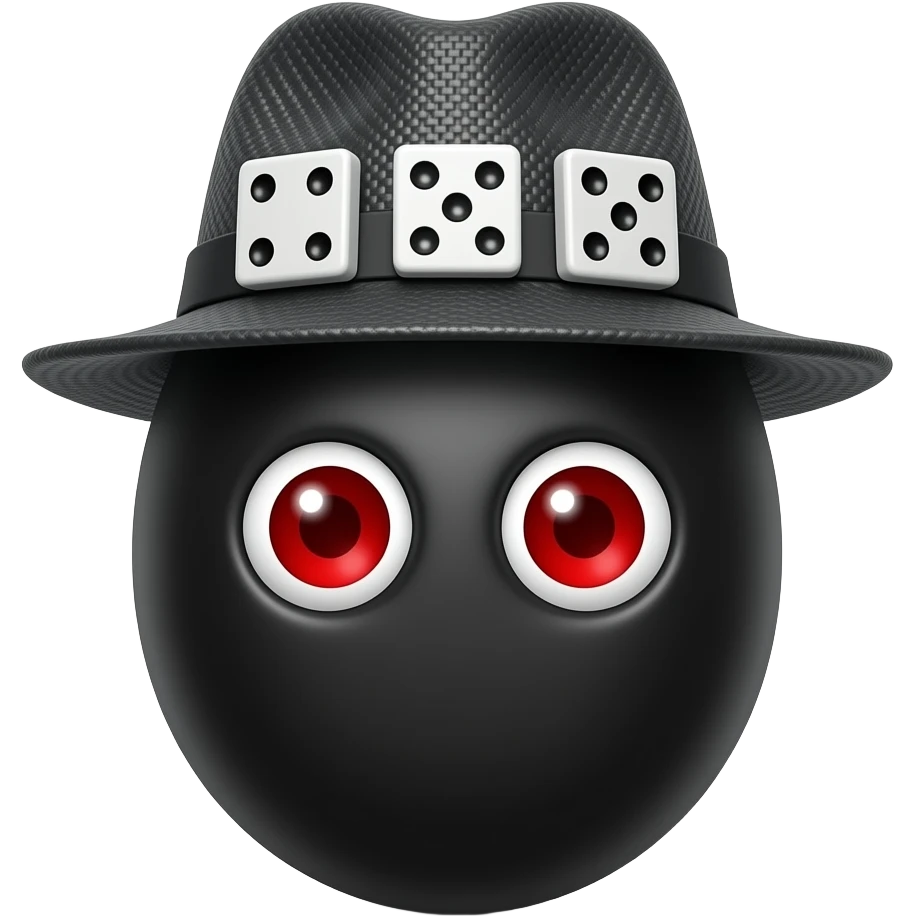 um ovo preto com 2 olhos vermelhos com chapeu  com 3 dominos no chapeu emoji