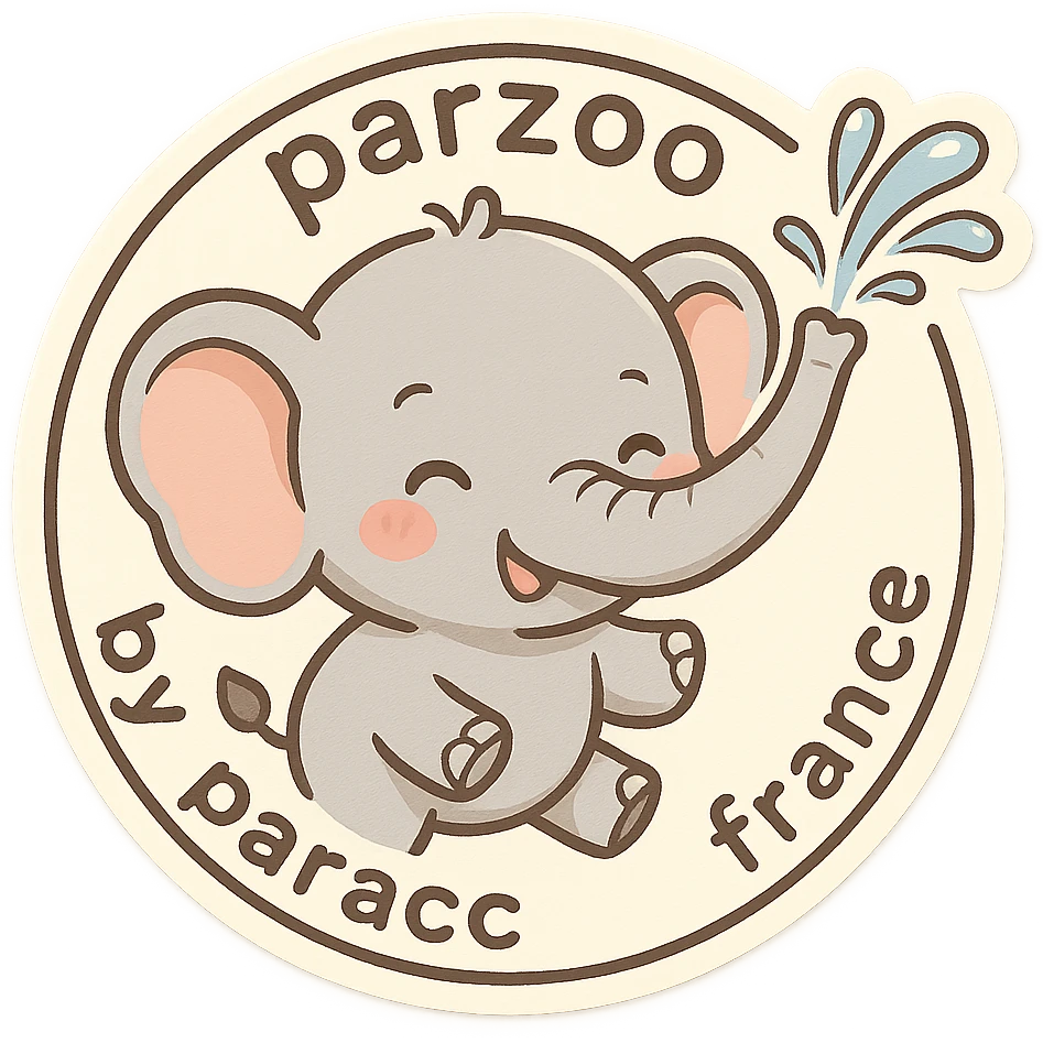 Logo avce un éléphant qui projette de l'eau avec au tour ( en rond ) écris : parzoo by paroc france  emoji