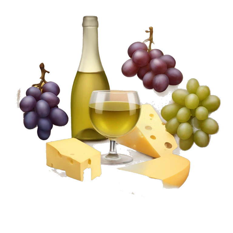 Circle wooden board with different kind of cheese, grapes and a glass of white wine emoji