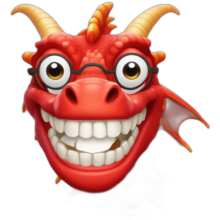 Crazy funny red dragon head with human white teeth and beautiful smile wearing glasses emoji