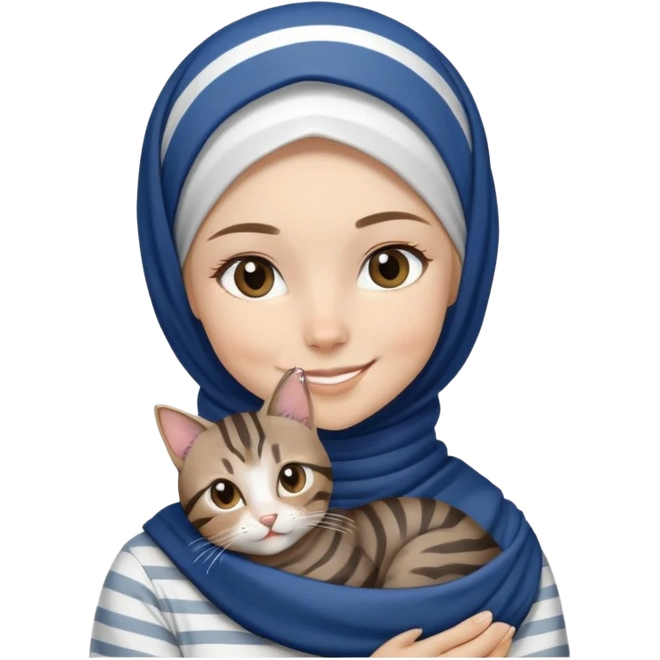 White girl wearing dark blue hijab with white shirt smiling while holding a black grey brown stripes tabby cat emoji