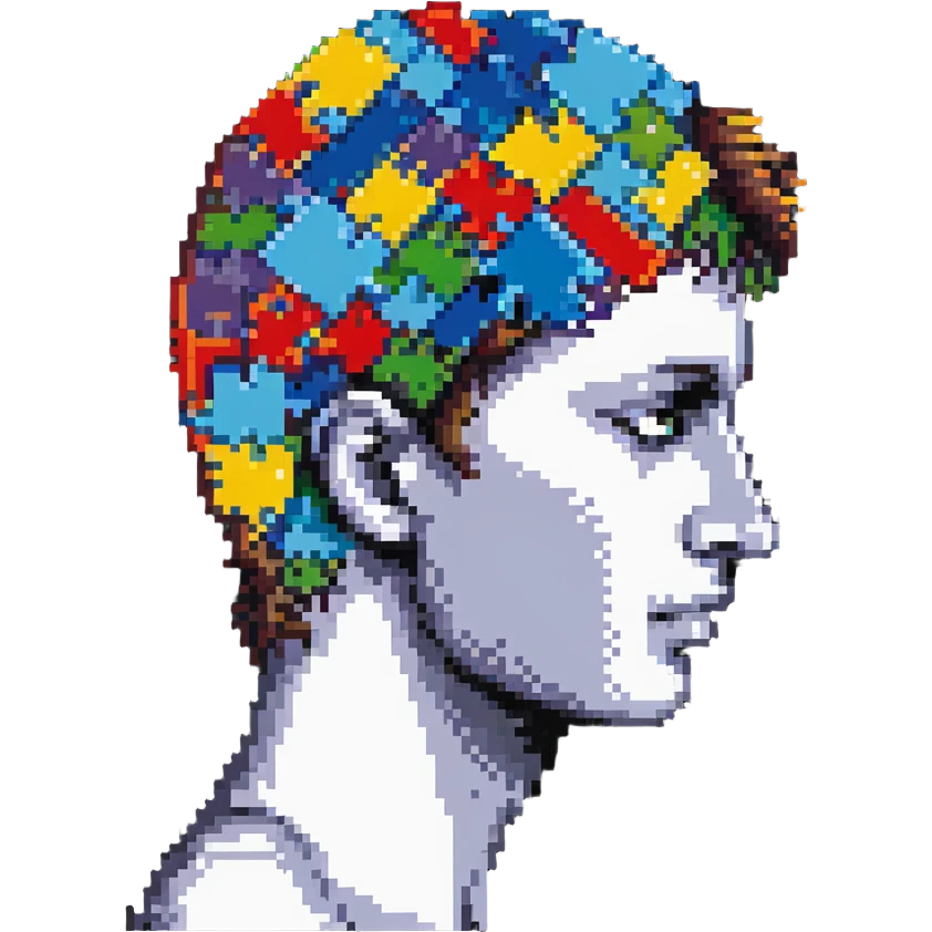 A man's head as a mosaic puzzle, with pieces fitting into his head emoji
