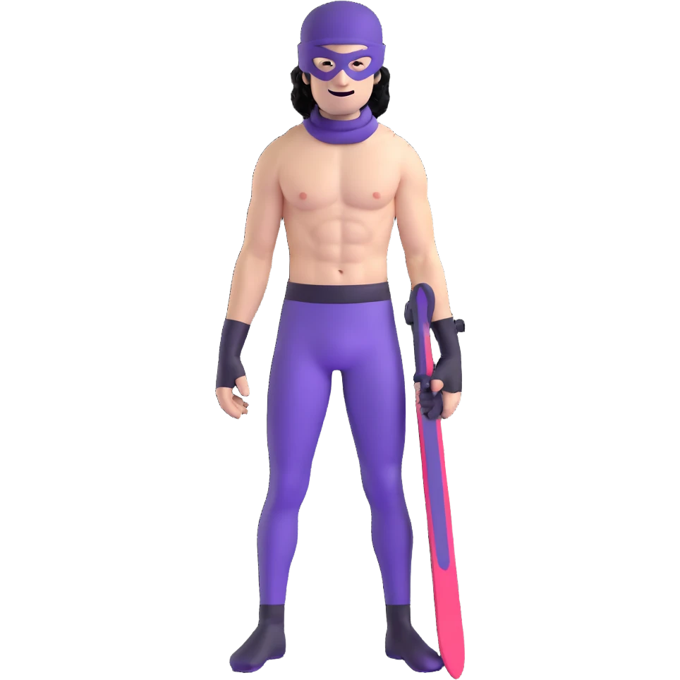 shirtless athletic man with white skin and black curly hair, wearing a purple ski mask emoji