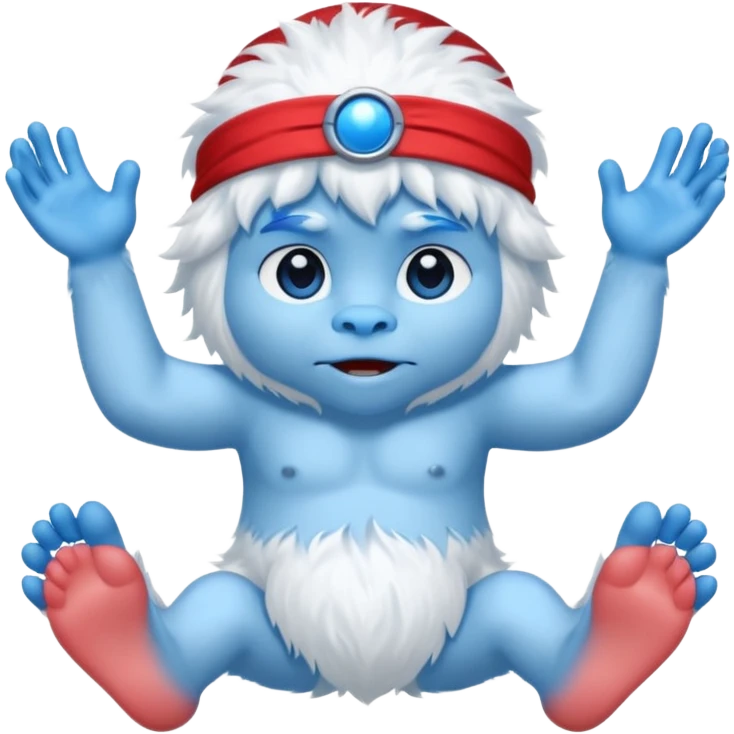 un yeti blanc avec des main et pied bleu et son nez bleu aussi , il a aussi els yeux bleux , et porte un bandeau rouge  emoji
