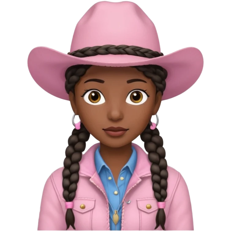 Black hair and skin cowgirl with two braids and soft pink hat and jacket emoji