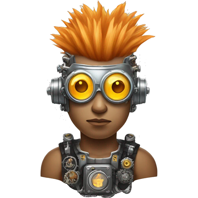 Light orange Mohawk hair male cyborg head with silver steampunk goggles and circuits emoji